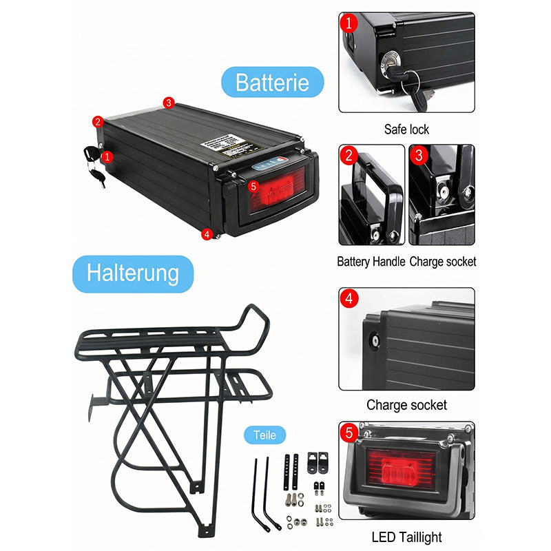 Rear Rack Lithium Battery for Electric Bicycle, E-bike Rear Carrier Battery with Taillight, Lock & Portable Handle