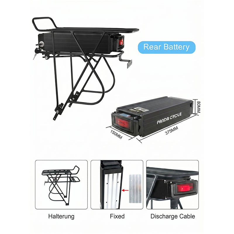 Rear Rack Lithium Battery for Electric Bicycle, E-bike Rear Carrier Battery with Taillight, Lock & Portable Handle