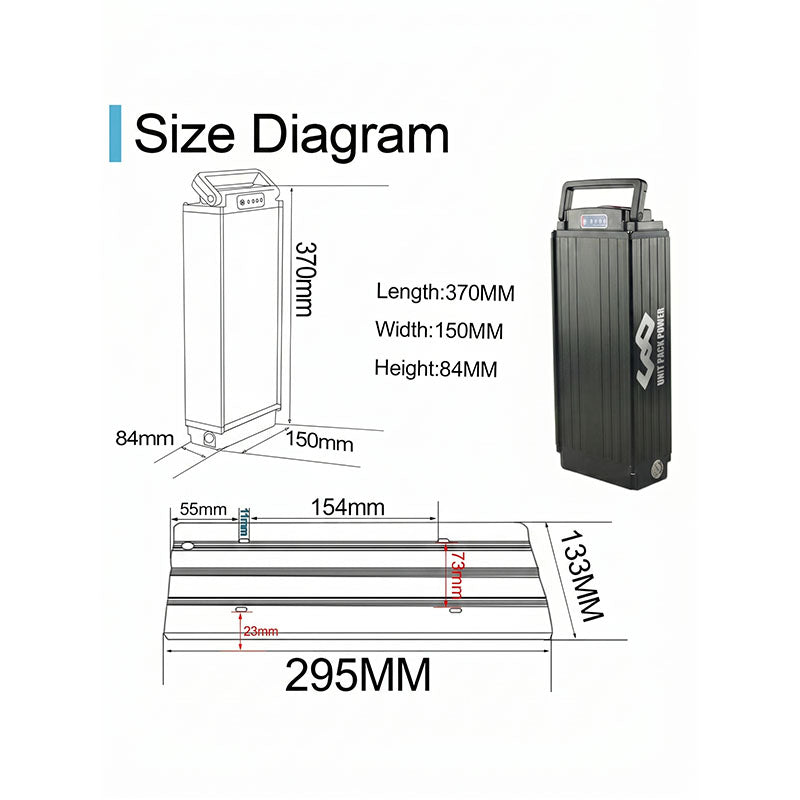Rear Rack Lithium Battery for Electric Bicycle, E-bike Rear Carrier Battery with Taillight, Lock & Portable Handle