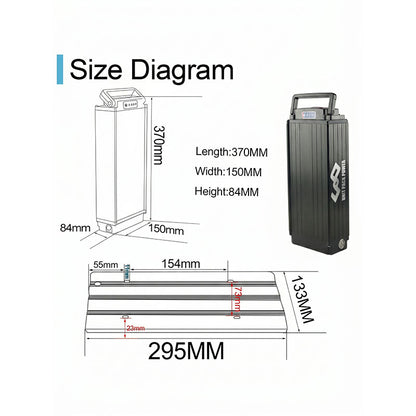 Rear Rack Lithium Battery for Electric Bicycle, E-bike Rear Carrier Battery with Taillight, Lock & Portable Handle