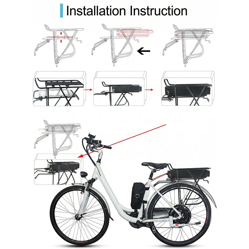 Rear Rack Lithium Battery for Electric Bicycle, E-bike Rear Carrier Battery with Taillight, Lock & Portable Handle