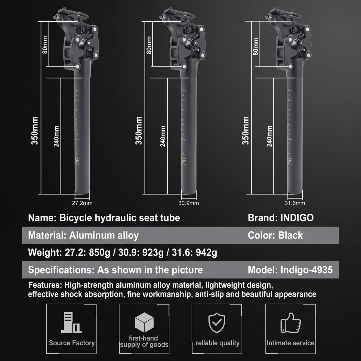 SP-S4 Suspension Seatpost 27.2/30.9/31.6mm 350mm 50mm Travel Adjustable