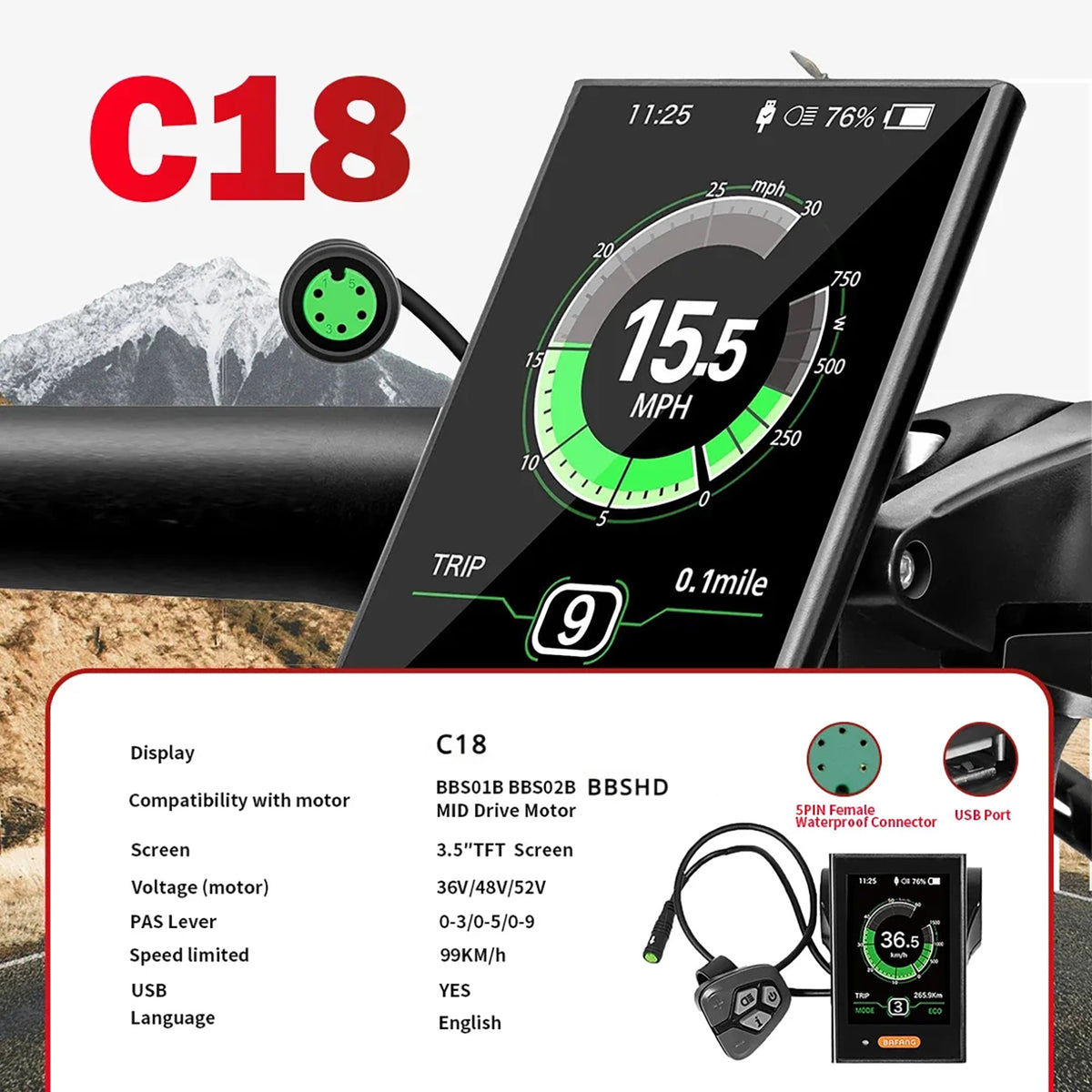 BAFANG BBSHD 48V 1000W UART Mid Drive Kit with C18 Display