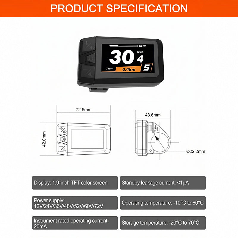 1.9 Inch TFT Color Display, CAN Protocol 5 Pin Male Triangular Connector, E-Bike Dashboard Compatible with Bafang BBS CAN Series Mid Drive Motors