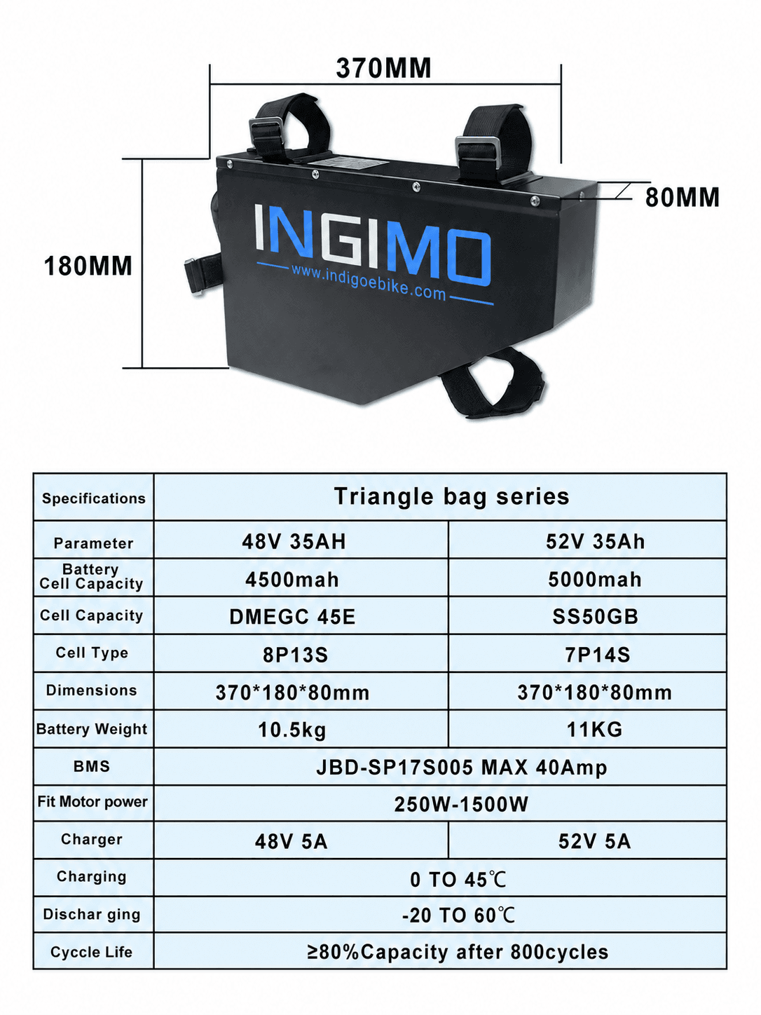 Budget INGIMO triangle frame e-bike lithium battery specs 48V35Ah & 52V35Ah, DMEGC 45E / SS50GB cells, dimension 37018080mm, weight 10.5-11kg for daily commute bikes