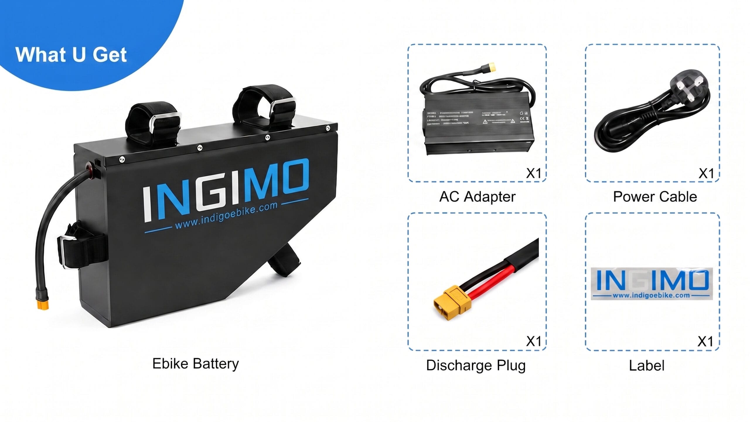 What you receive with INGIMO triangle ebike lithium battery set, include ebike battery, AC charger, power cable, XT60 discharge plug and brand sticker label