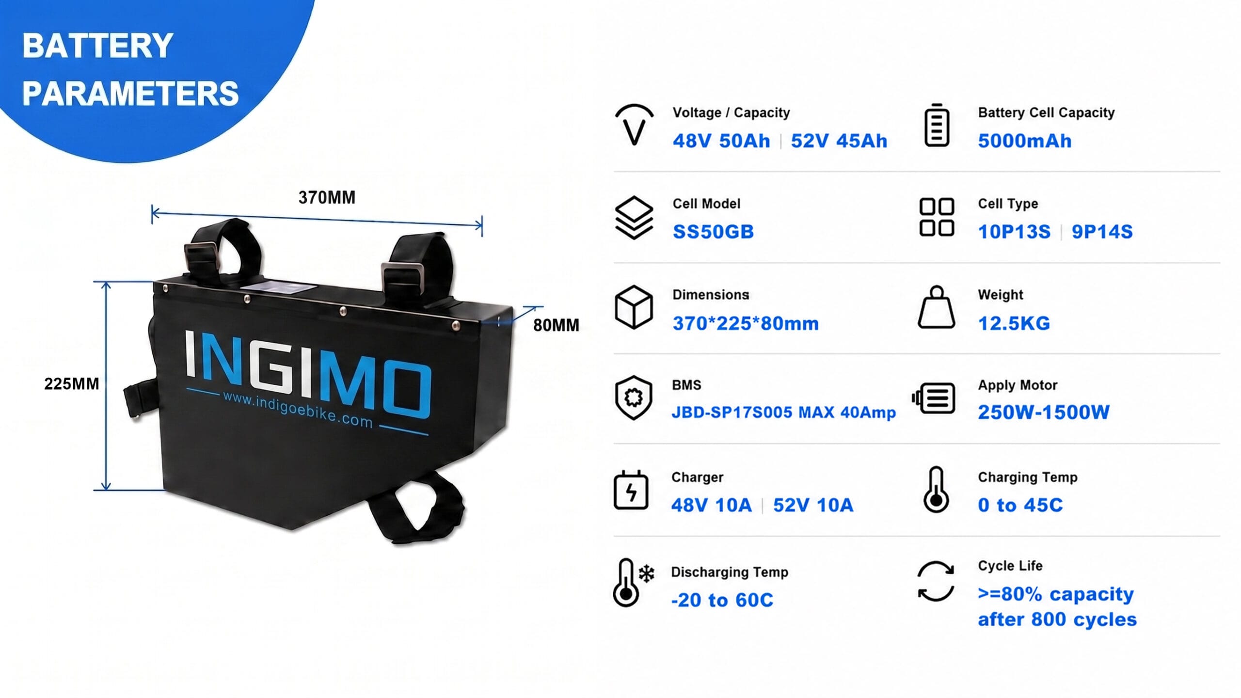 INGIMO high capacity triangle frame lithium ebike battery spec sheet 48V50Ah 52V45Ah, size 37022580mm, 12.5kg weight, built-in 40A BMS fit 250W-1500W e-bike motor