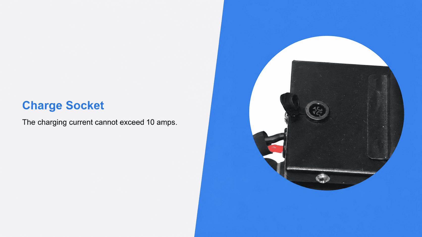 Close-up of charging socket on INGIGOGO triangle frame e-bike lithium battery, charging current limit max 10A safe charging design
