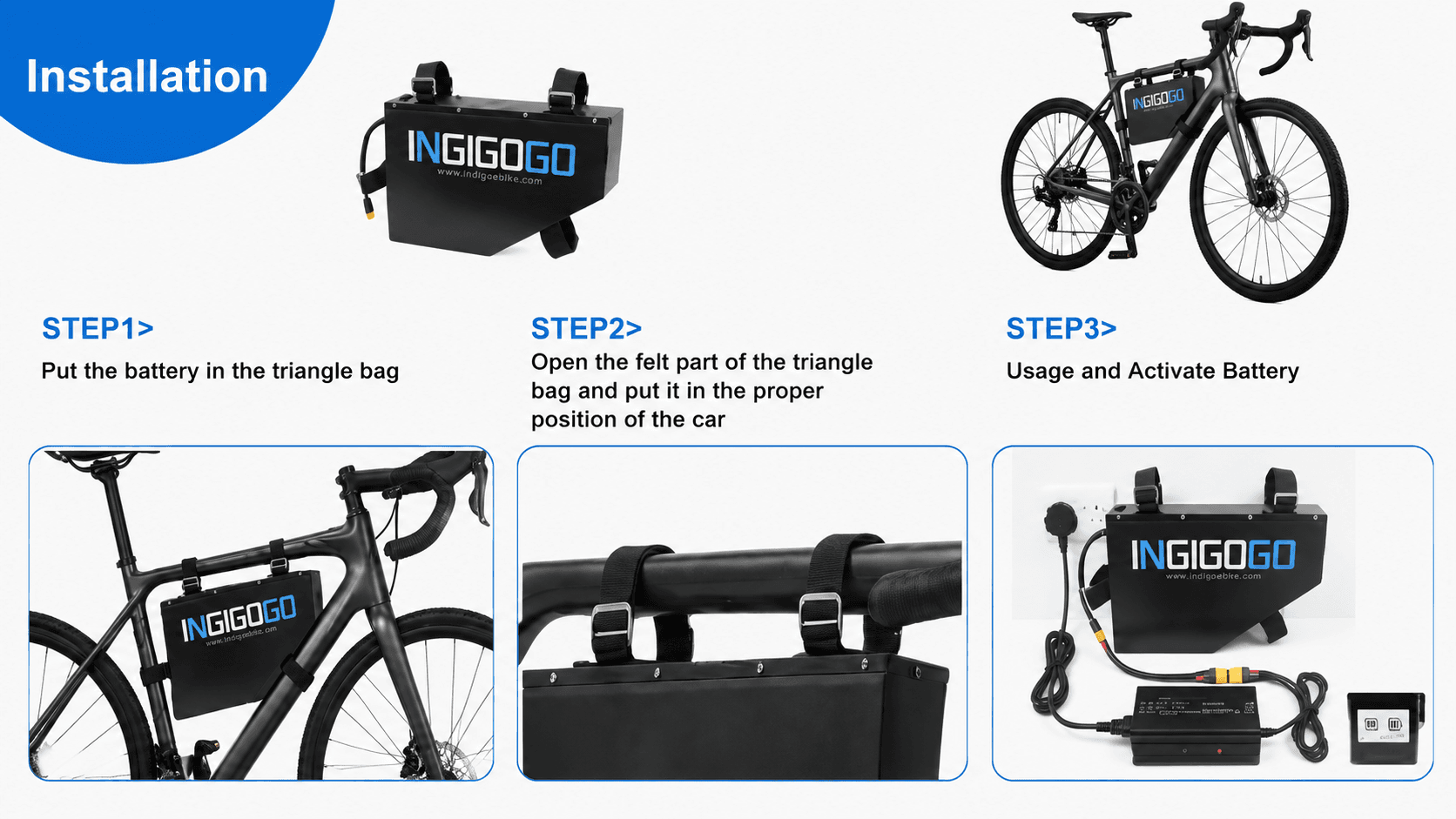 Simple 3-step installation tutorial for INGIGOGO triangle ebike lithium battery, fix on bike frame with strap, install and activate battery easily