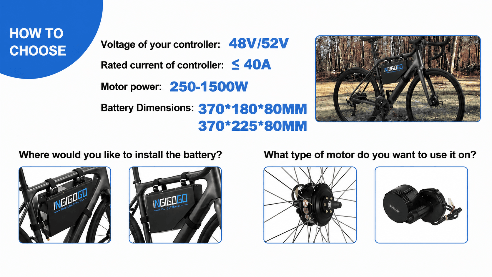 Selection guide for INGIGOGO triangle lithium ebike battery, fit 48V/52V controller ≤40A, 250W-1500W hub motor mid drive bike, two size options for bike frame