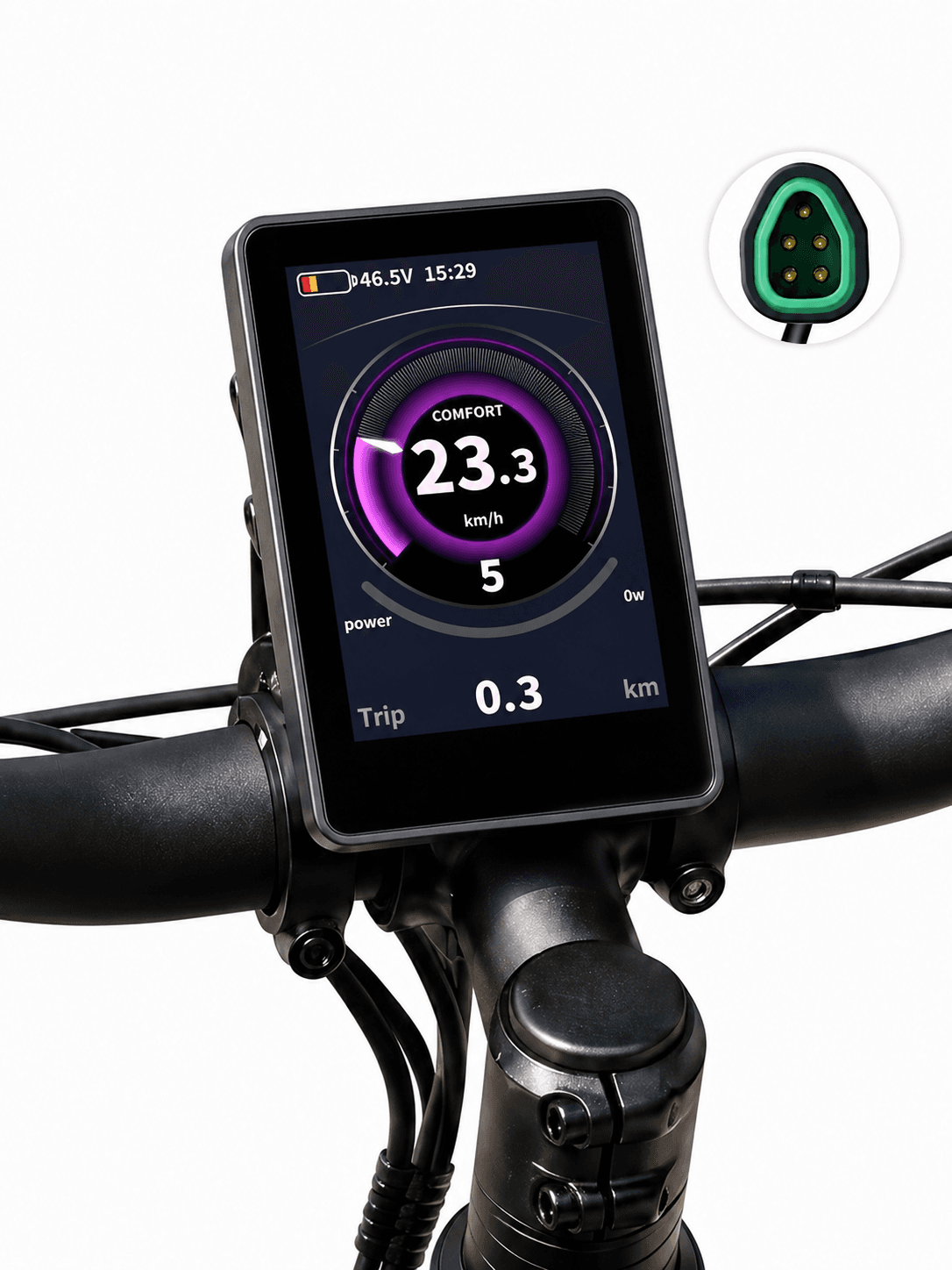 Real install shot of Bafang CAN color ebike screen on standard 22.2mm handlebar, clear speed power trip readout