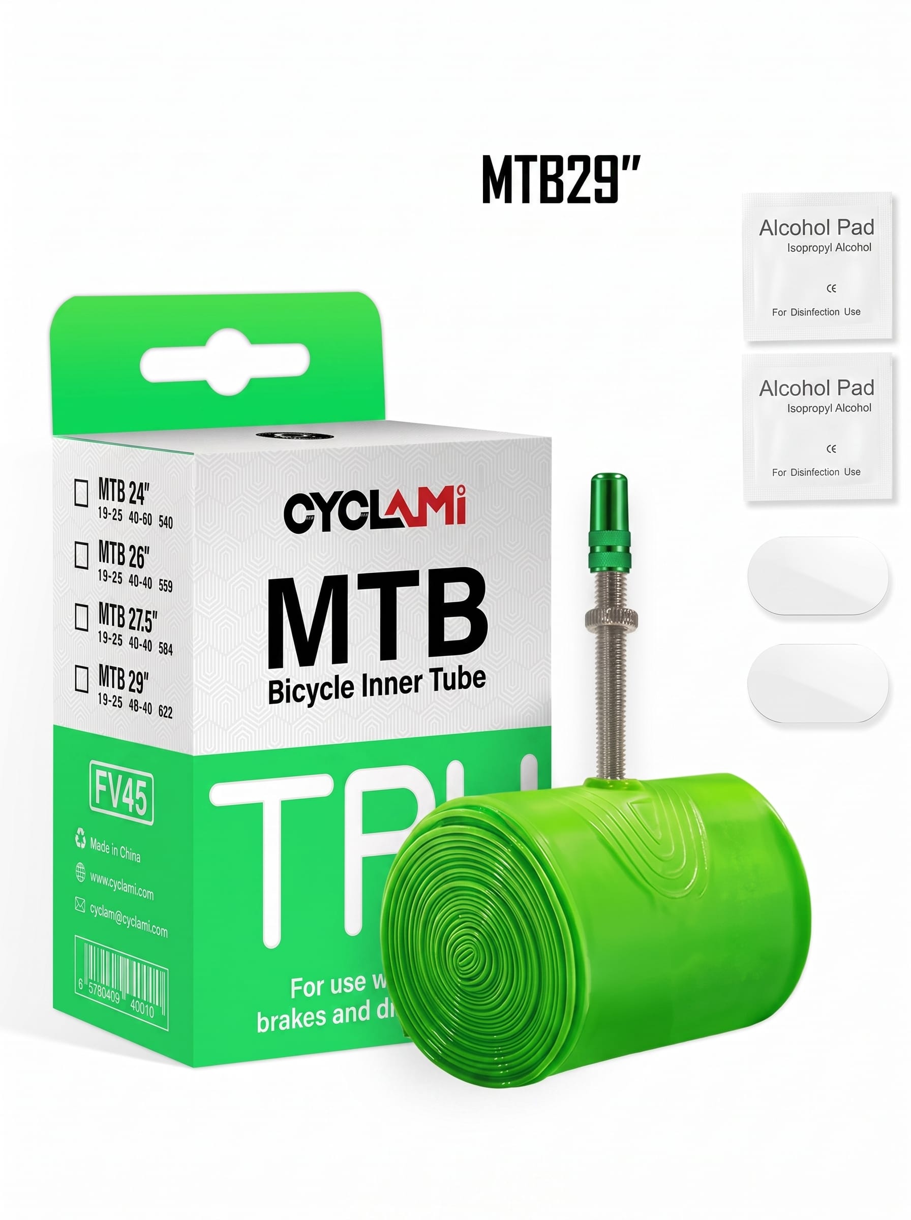Cyclami MTB inner tube size chart for 24 26 27.5 29 inch wheels, FV45 valve, with CE alcohol prep pads