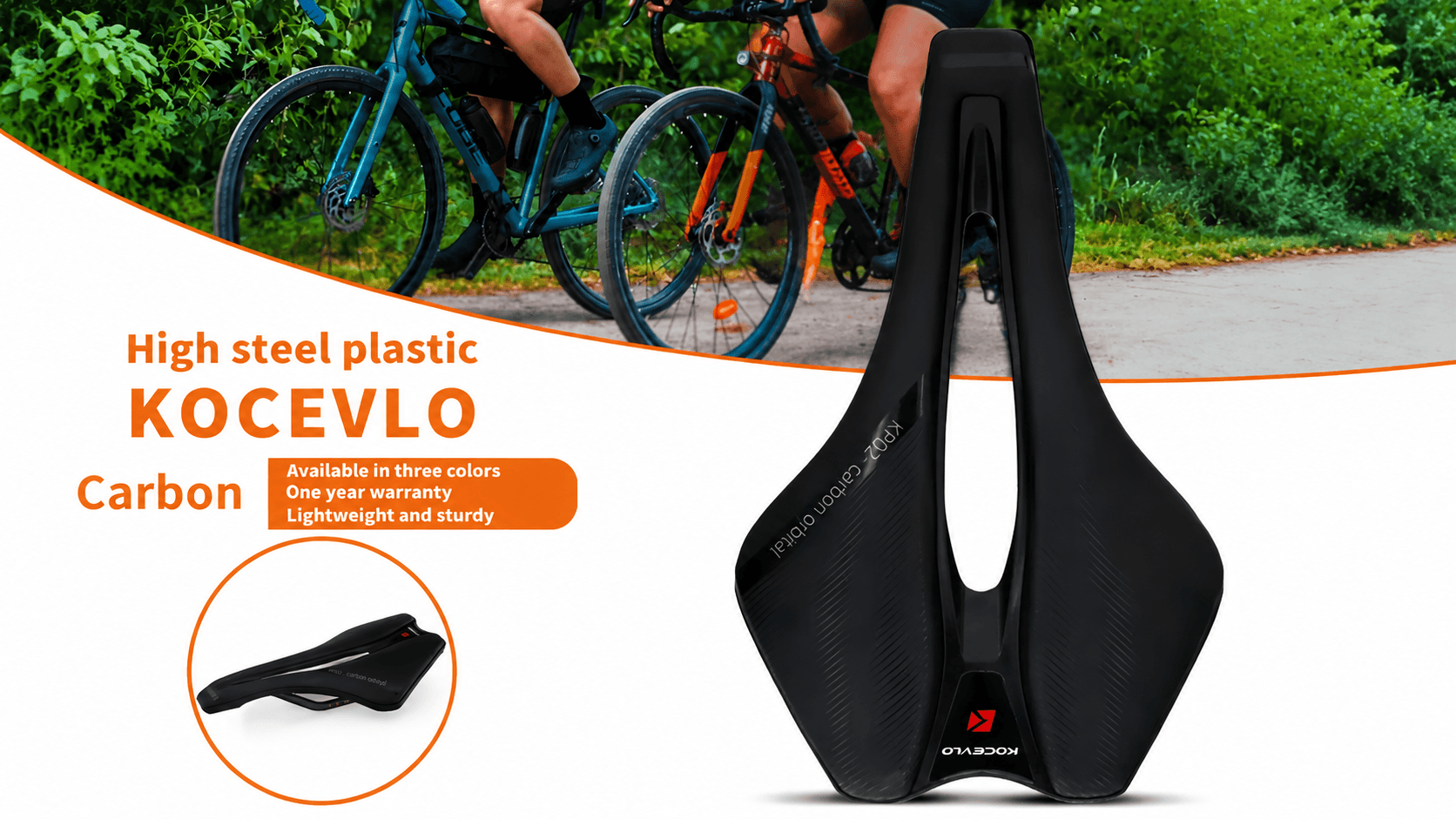 KOCEVLO carbon orbital bicycle saddle promotional banner, lightweight hollow cycling seat for road gravel mountain bikes, outdoor riding scene display