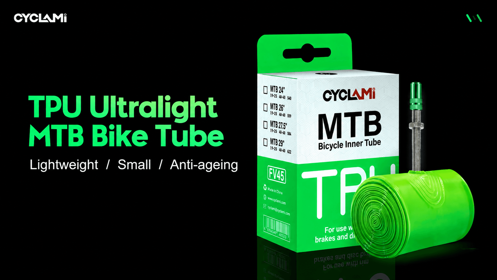 CYCLAMI TPU ultralight mountain bike inner tube lightweight compact green FV45 presta valve MTB tire tube packaging display