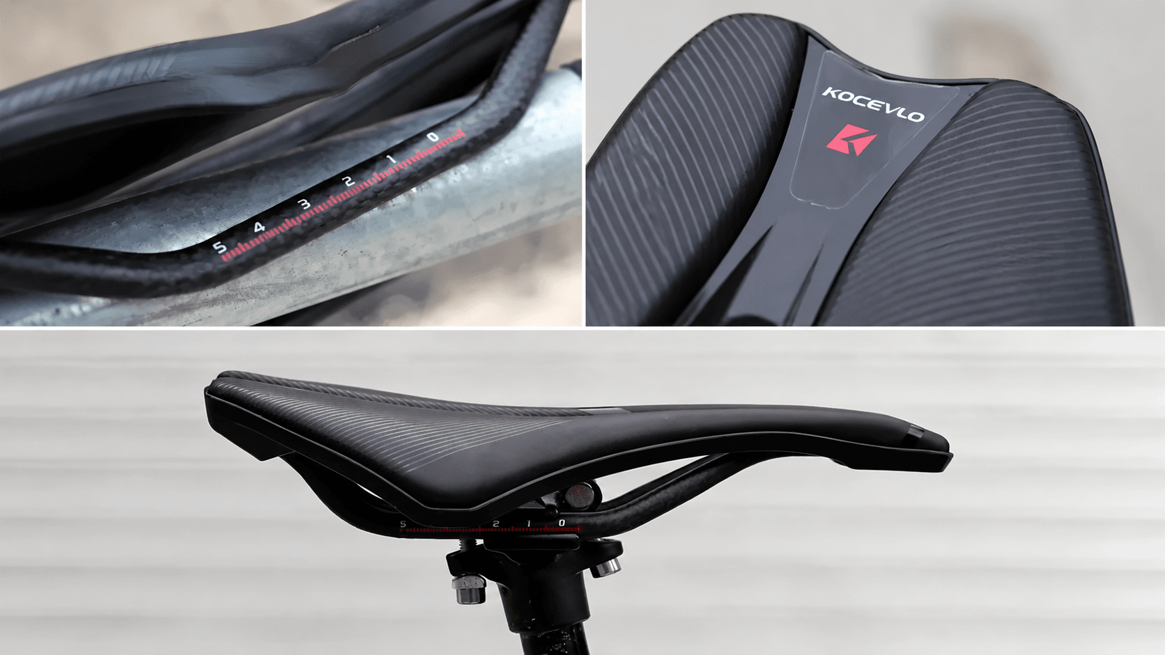 Detail collage of KOCEVLO carbon saddle, carbon rail scale marking, anti-slip microfiber surface texture, side profile real installation shot
