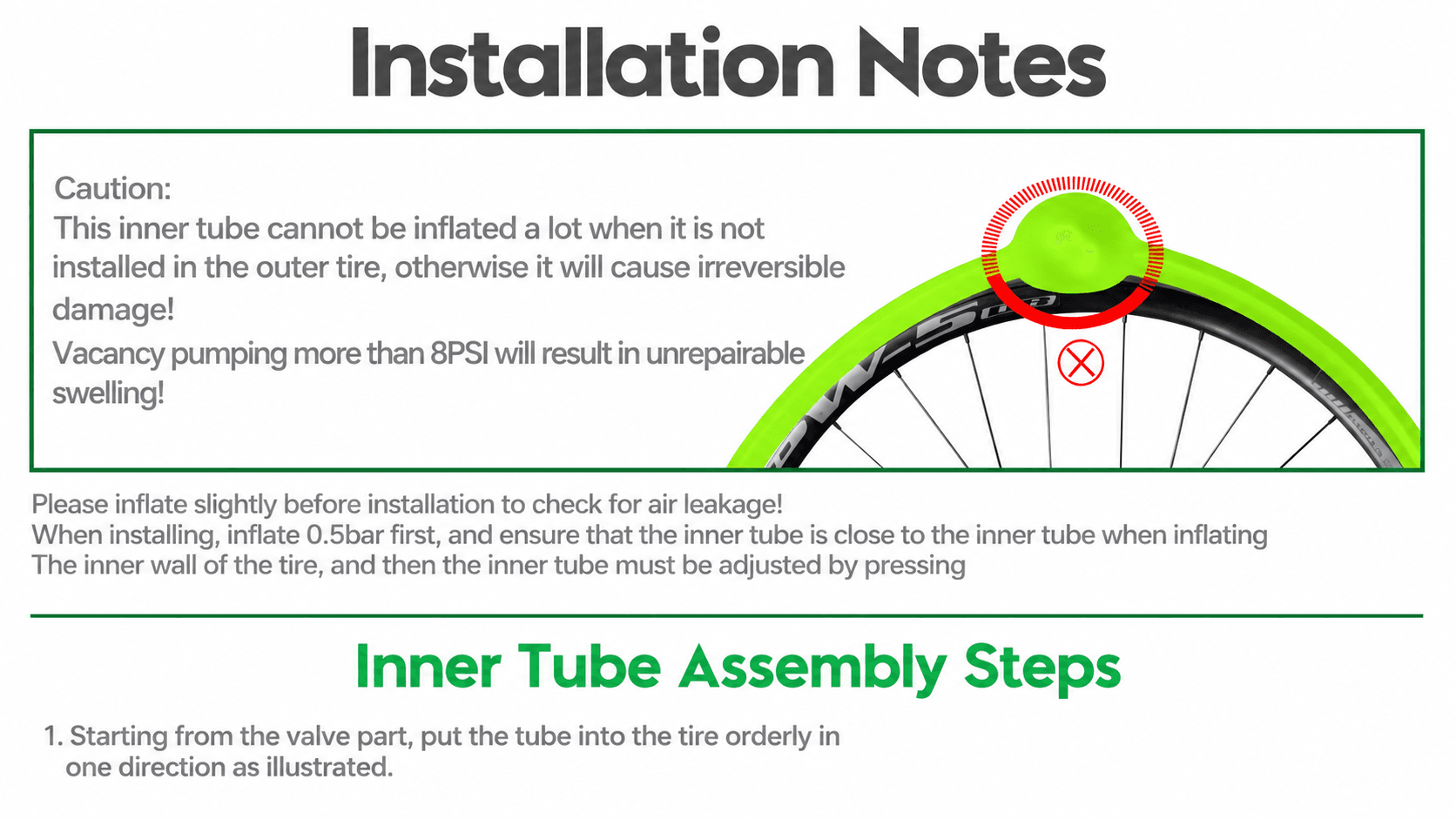 Installation caution notice for CYCLAMI TPU MTB inner tube forbid over inflate without tire pre inflate 0.5bar assembly guide infographic