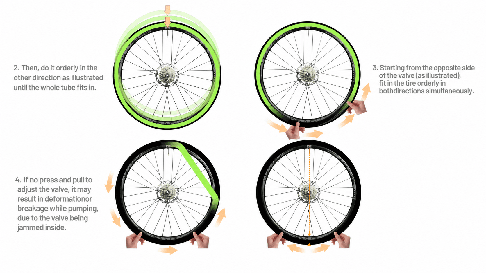 4-step graphic tutorial to install CYCLAMI TPU inner tube into mountain bike wheel rim both side orderly fitting prevent valve jam