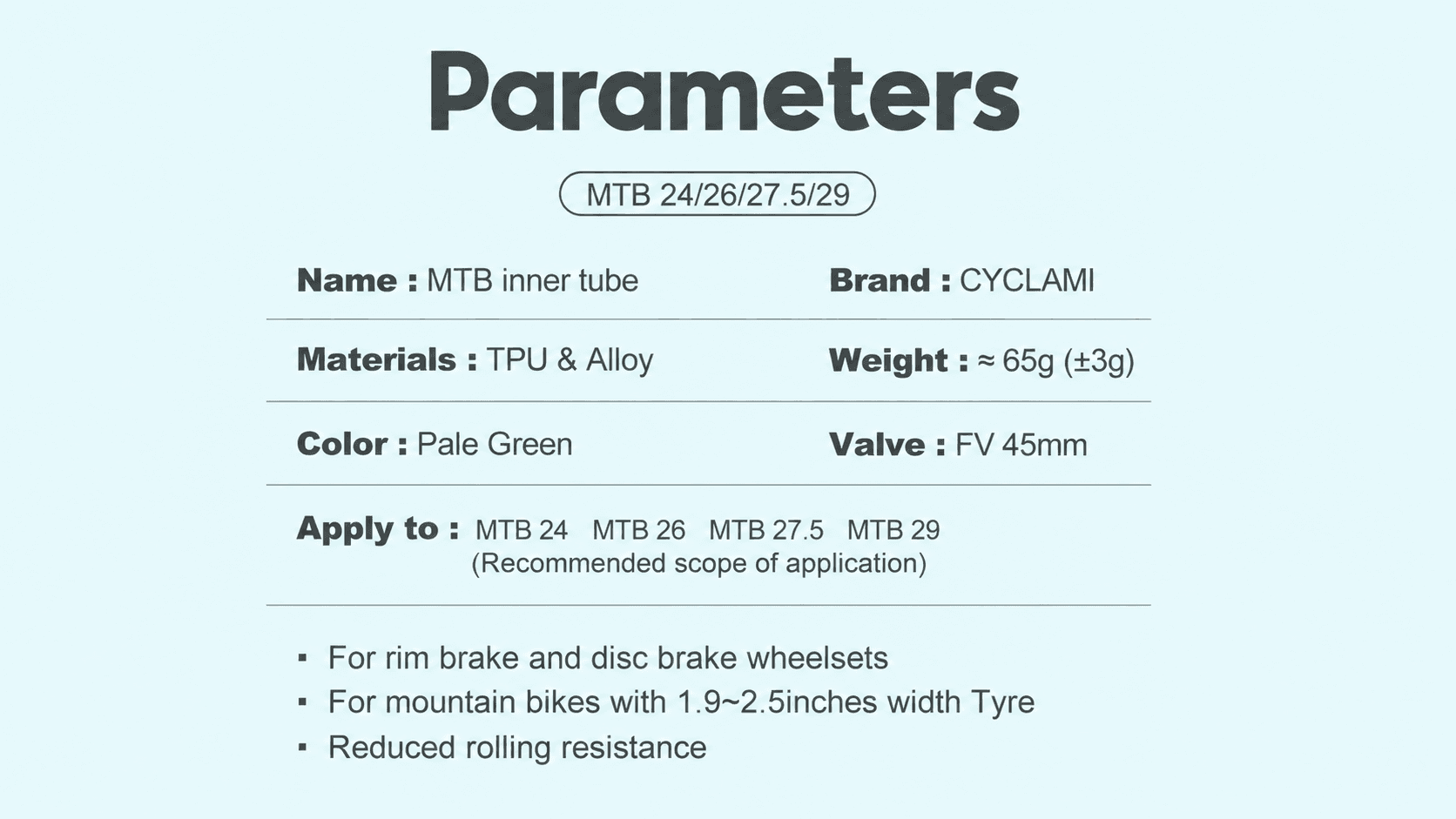 Full specification parameter sheet of CYCLAMI TPU mountain bike inner tube