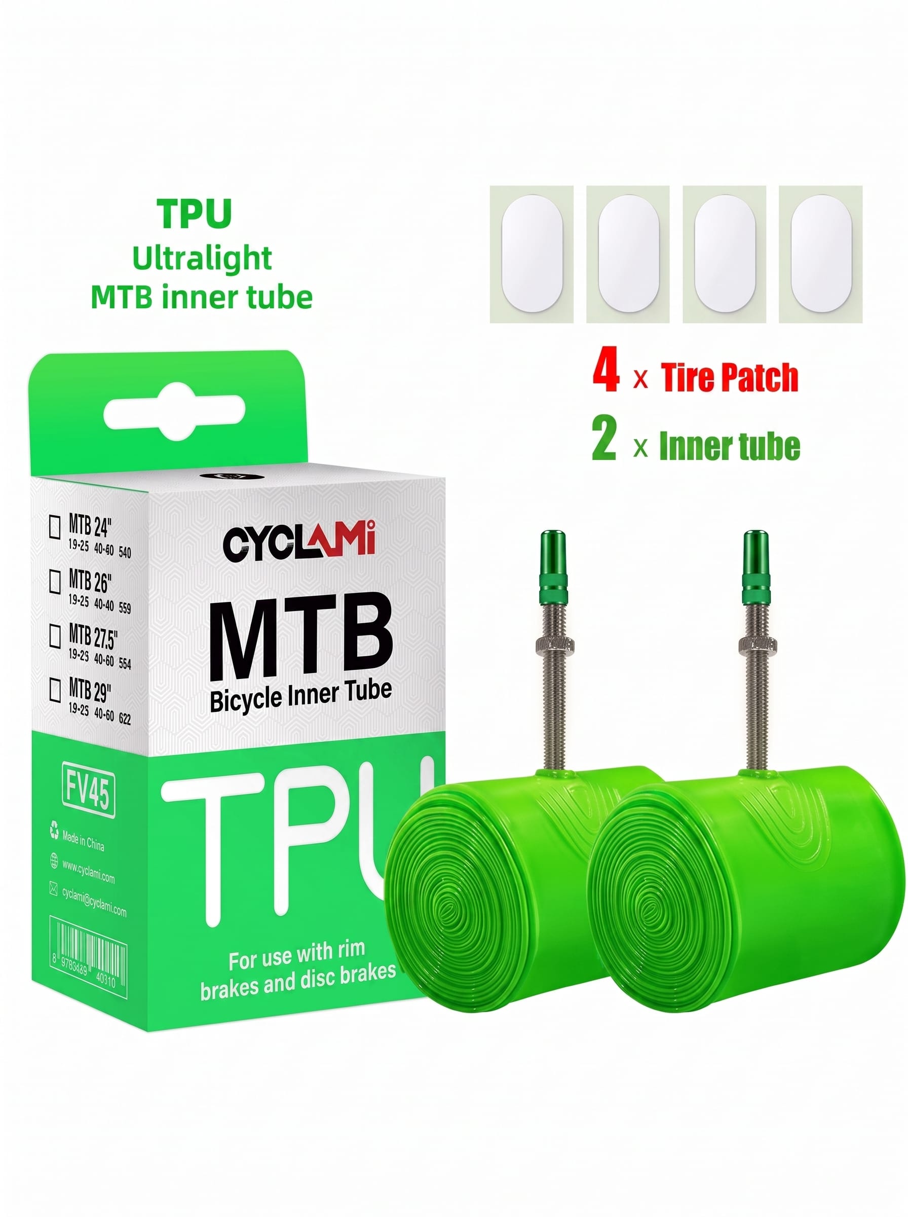 CyCyclami ultralight green TPU mountain bike inner tube 2 pack set with 4 tire repair patches, FV45 Presta valve bicycle tube fits 24/26/27.5/29 inch MTB tires