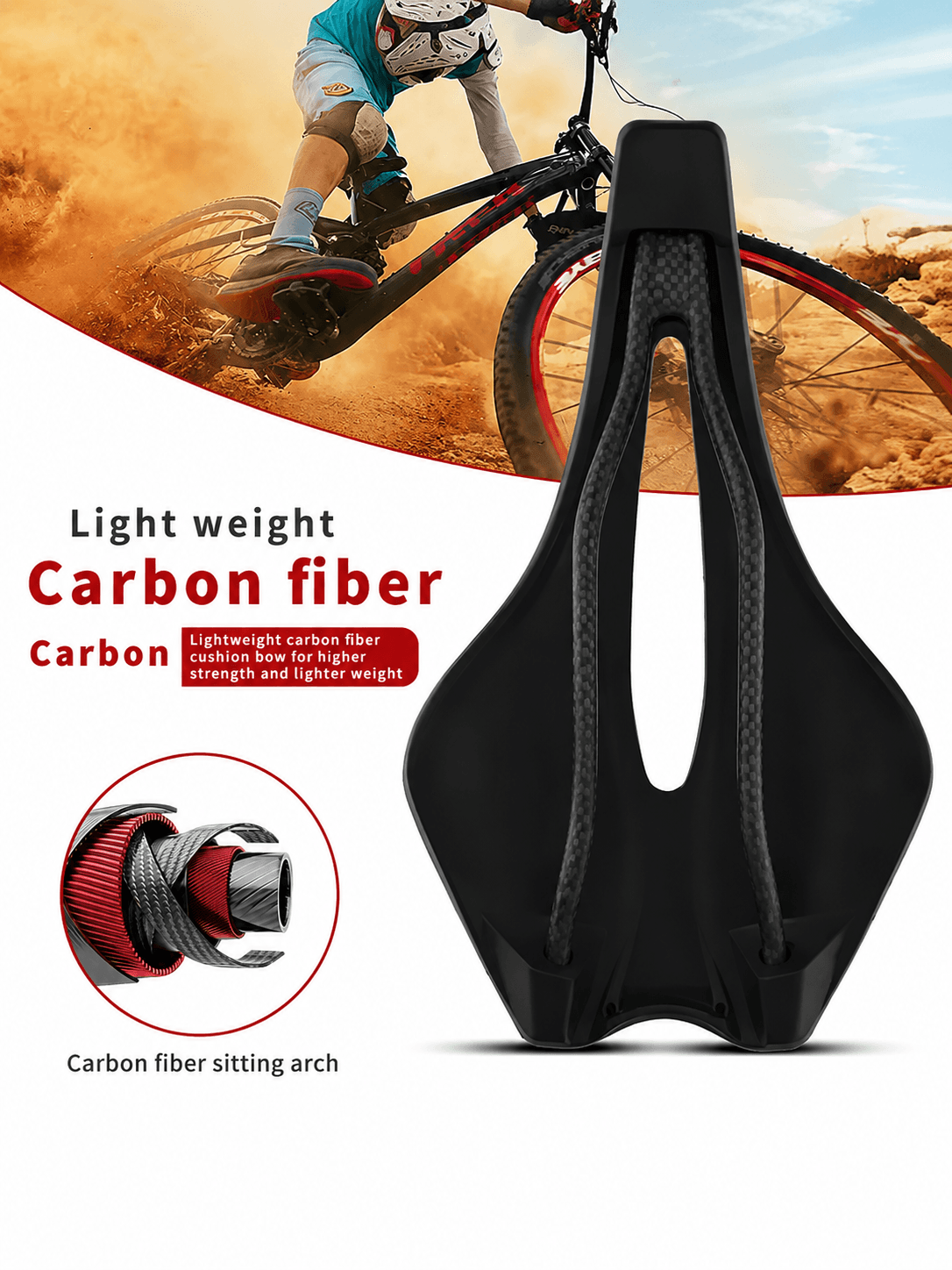 Ultra light carbon fiber rail bike saddle, high strength durable carbon sitting arch for mountain off-road riding, lightweight cycling seat accessory