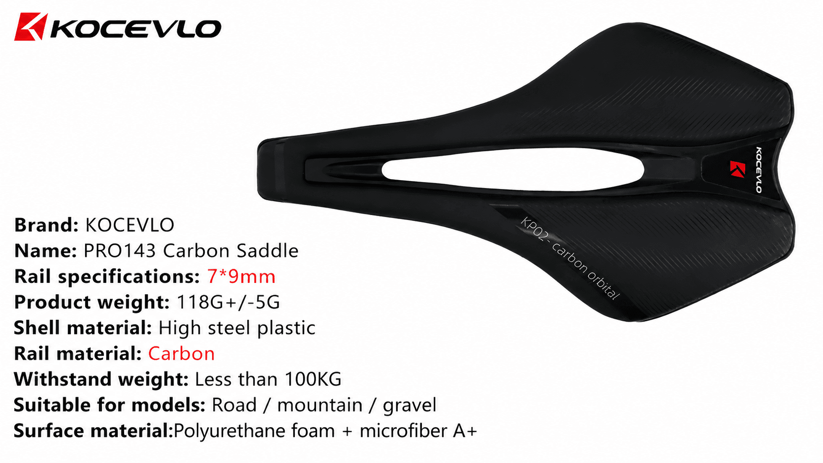 KOCEVLO KP02 carbon bike saddle full specification chart, 7*9mm carbon rail, 118g lightweight, fit road MTB gravel bikes