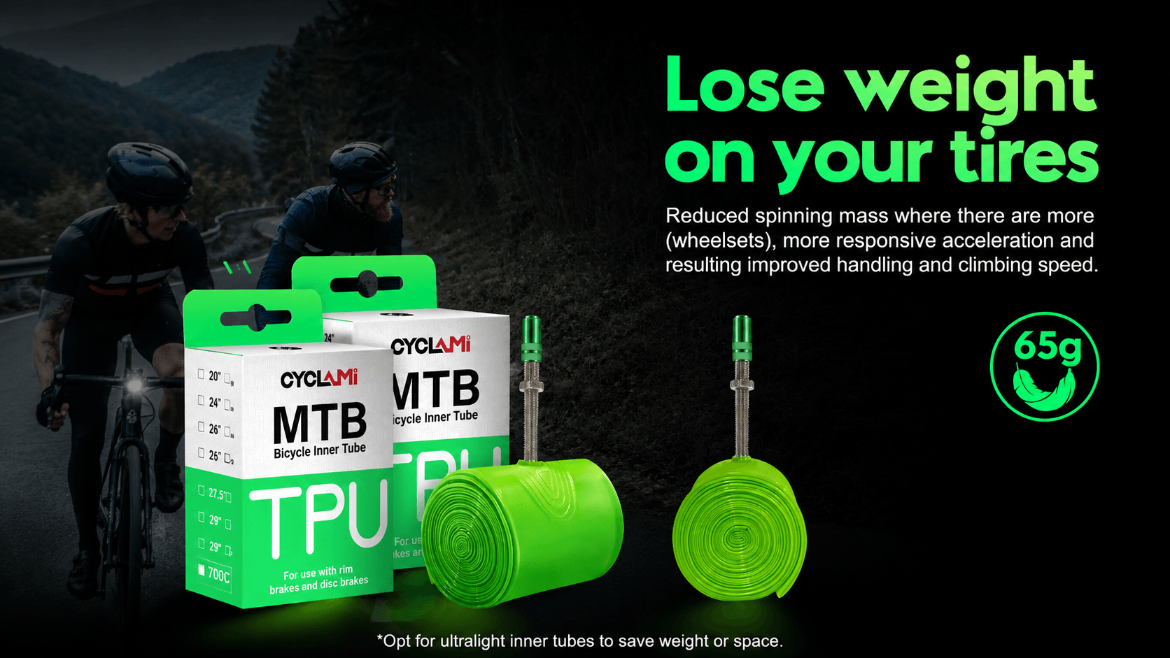 CYCLAMI 65g lightweight TPU MTB inner tube reduce wheel spinning mass improve climbing acceleration mountain bike riding scene