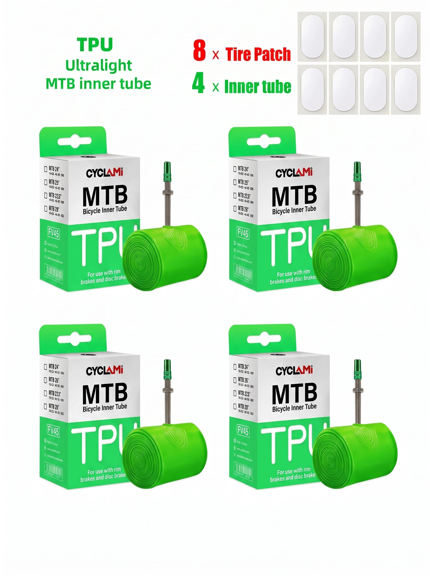 Cyclami ultralight green TPU mountain bike inner tube 4 pack set with 8 tire repair patches, FV45 Presta French valve bicycle tube kit for 20-28 inch MTB tires