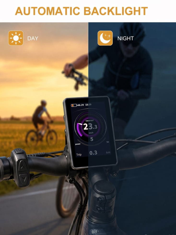 Electric bike LCD display with automatic day and night backlight, touch color screen mounted on bicycle handlebar for e-bike speed mileage power monitoring
