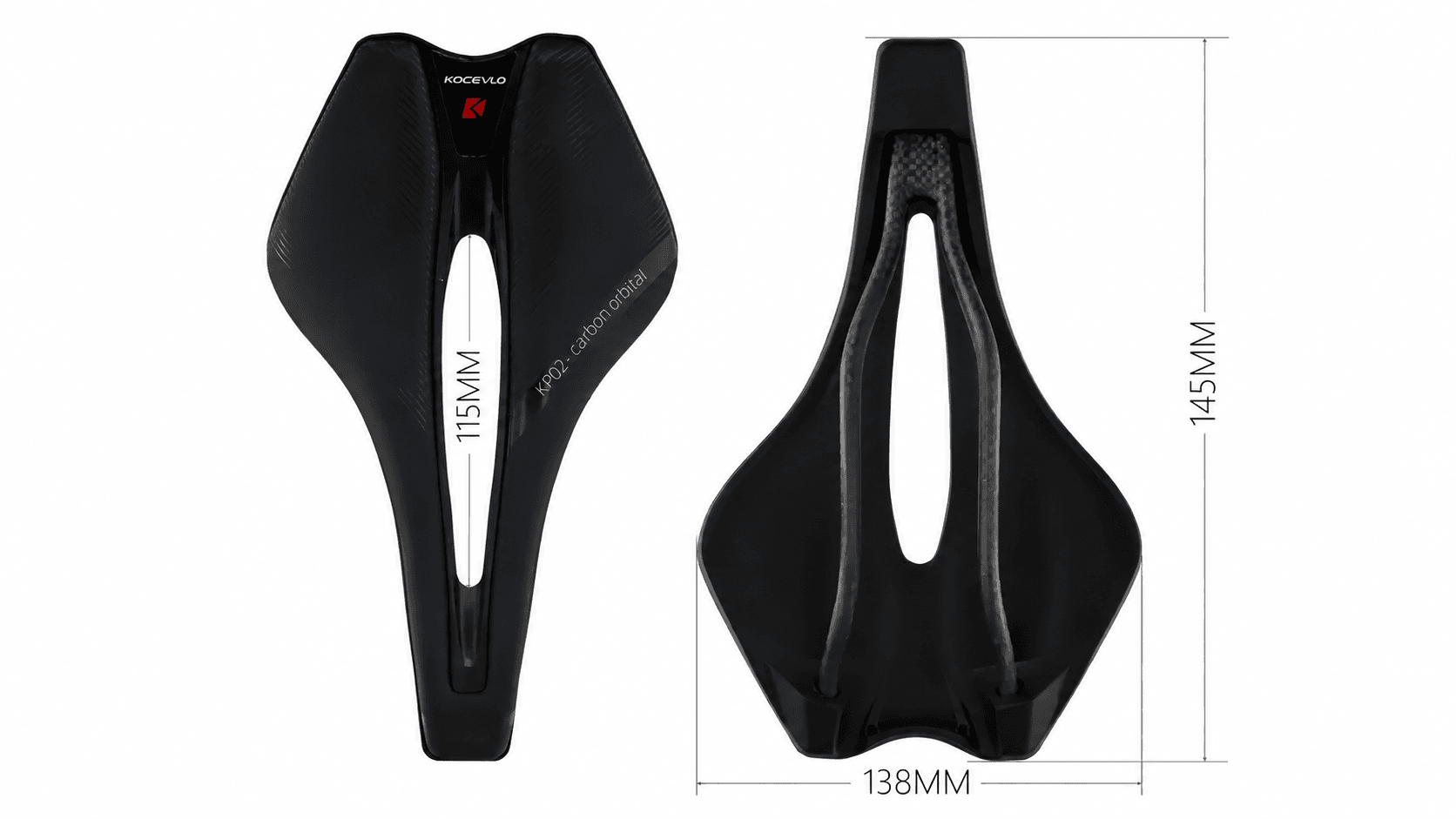 KOCEVLO 143mm carbon cycling saddle size drawing, 115mm central hollow cutout ergonomic road bike seat measurement