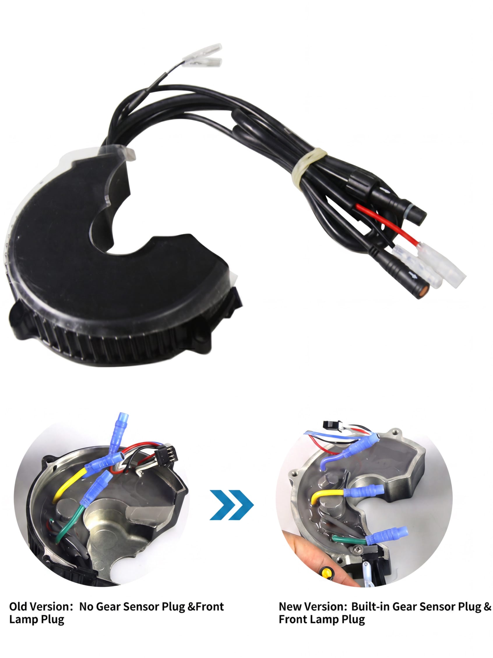 Side-by-side comparison of the upgraded and previous BBSHD/BBS01B/BBS02B eBike controllers, showing the addition of built-in gear shift sensor and 6V headlight connectors. The new controller offers improved compatibility, simplified wiring, and easier installation for BBSHD/BBS01B/BBS02B electric bike conversion kits.