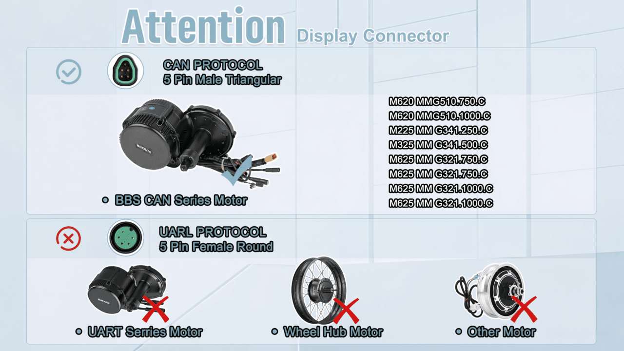 Bafang BBS CAN series mid motor compatible TFT display attention list, fit M620 M625 M225 M325 mid drive motor, incompatible with UART motor hub motor other brand motors