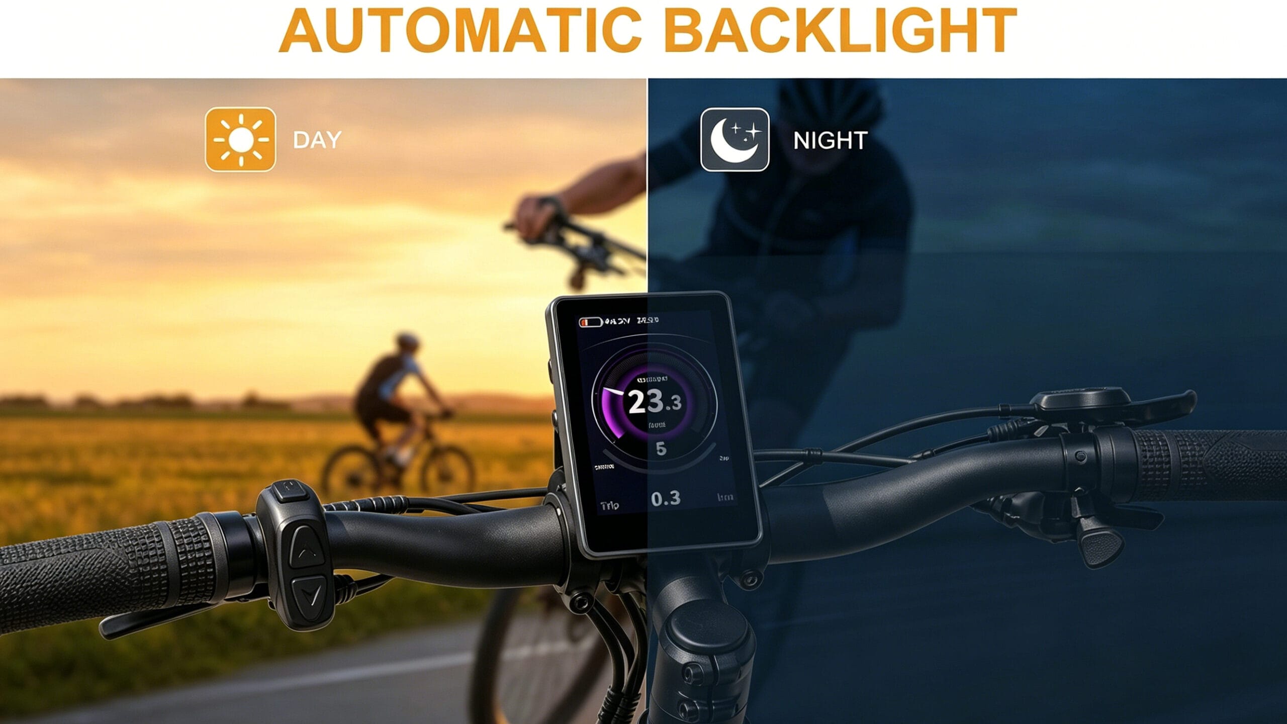 Electric bike TFT dashboard with automatic light sensor backlight, auto adjust brightness for day and night riding, installed on handlebar with remote switch, outdoor cycling scene