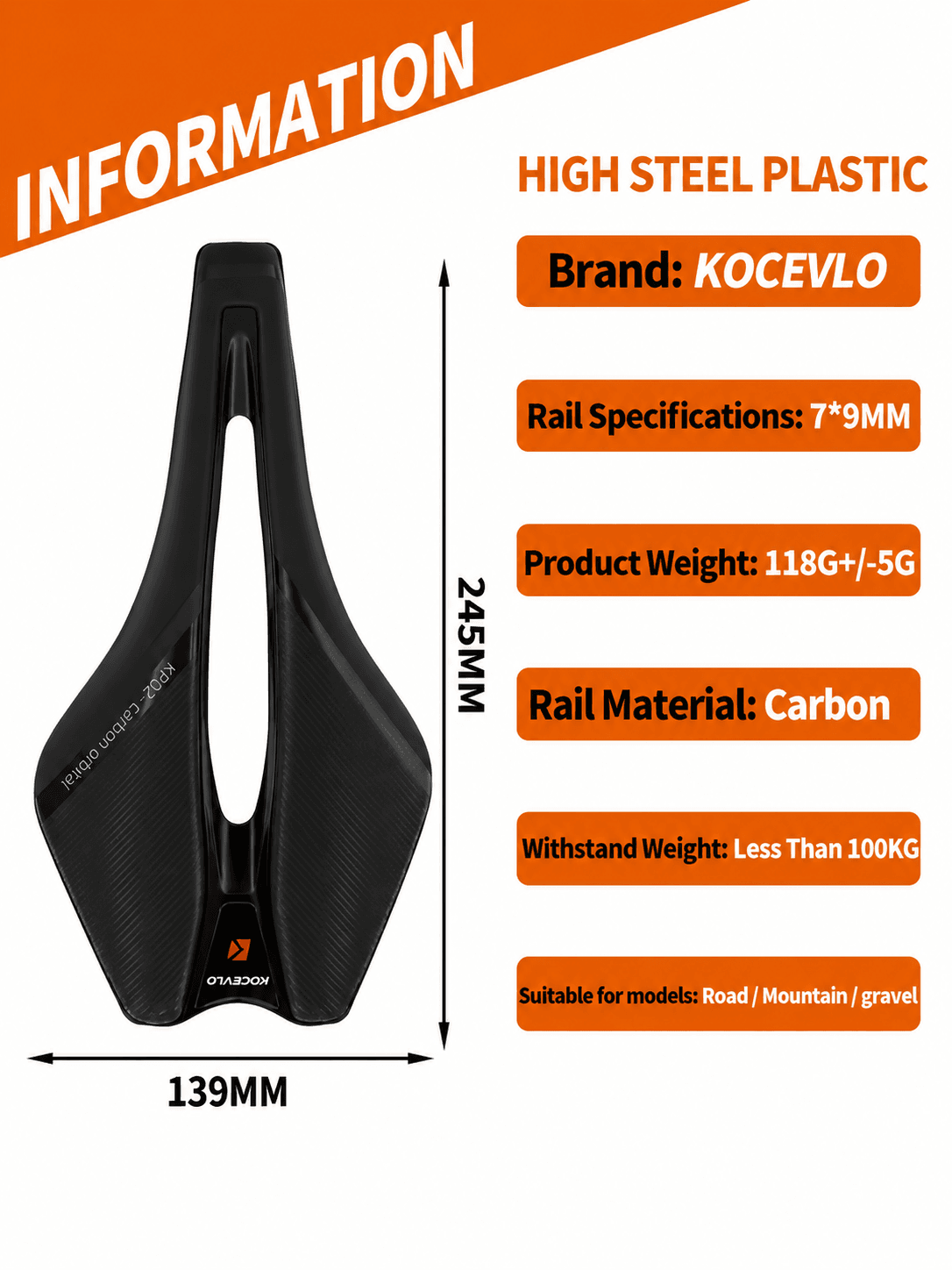 KOCEVLO KP02 Carbon Fiber Lightweight Bike Saddle - Image 6