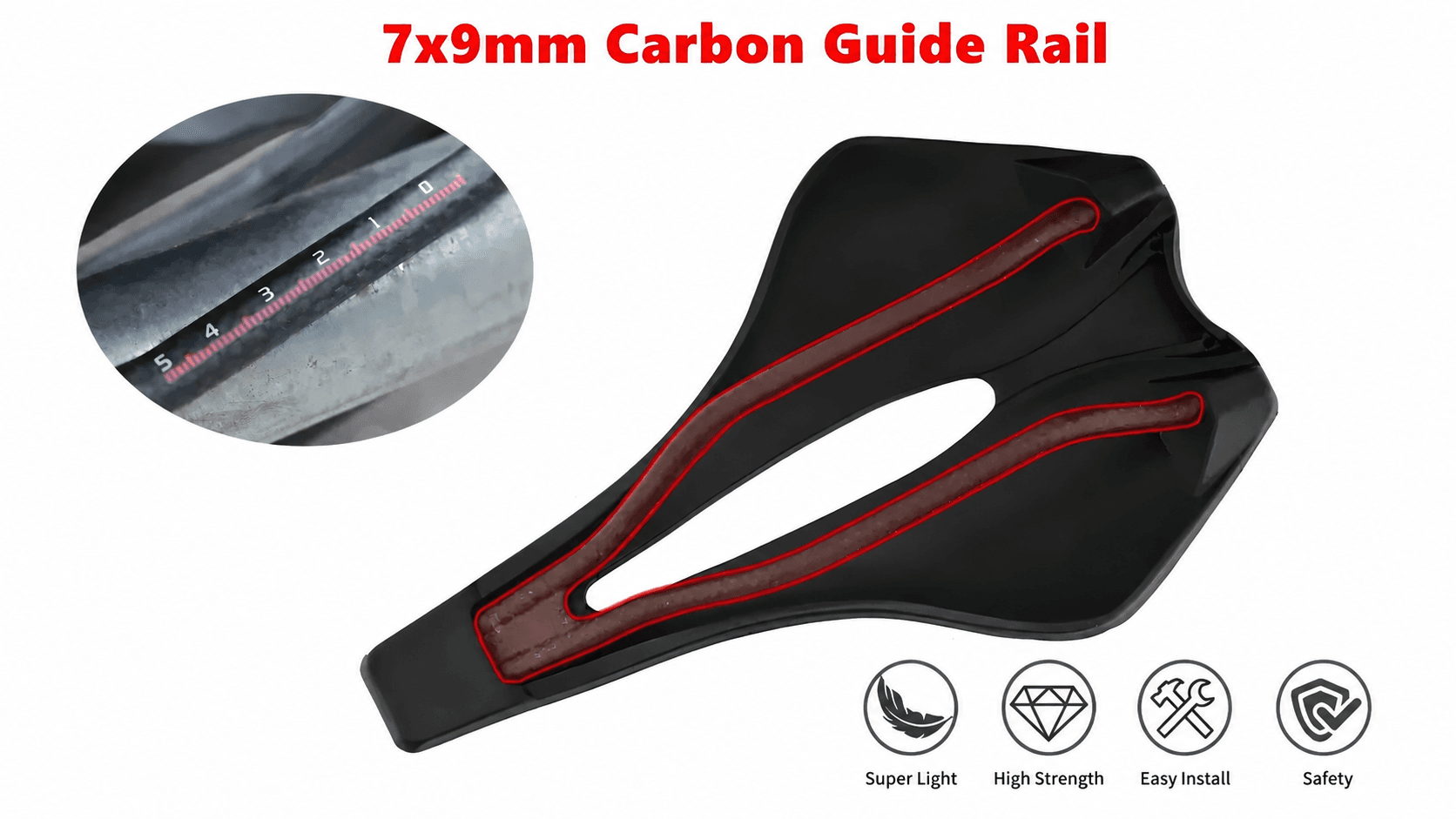 KOCEVLO hollow carbon bike saddle with 7*9mm carbon guide rail, high strength lightweight cycling saddle structure diagram, easy installation