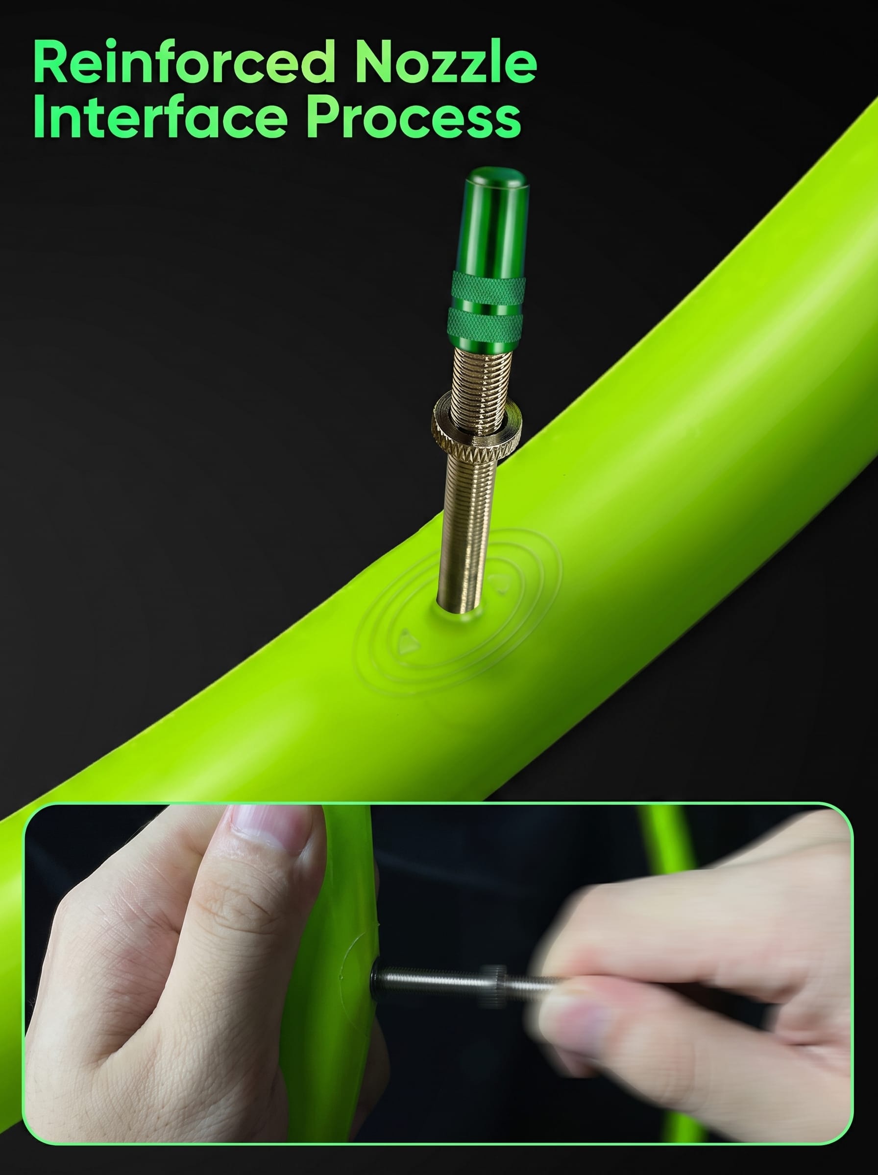 Cyclami MTB inner tube reinforced nozzle interface process, prevents air leakage at valve connection point