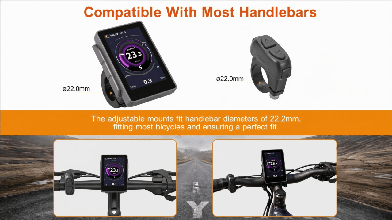 Adjustable mounting bracket ebike TFT display fit standard 22.2mm bicycle handlebars, dual installation position demo, separate clamp for control remote button