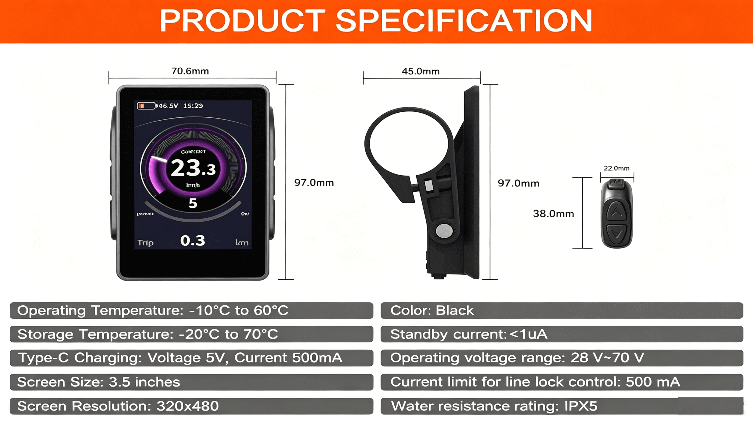 3.5" 320*480 TFT ebike meter dimension drawing, technical parameters including 28-70V wide voltage, IPX5 waterproof, Type-C charging, working temperature, standby current data table