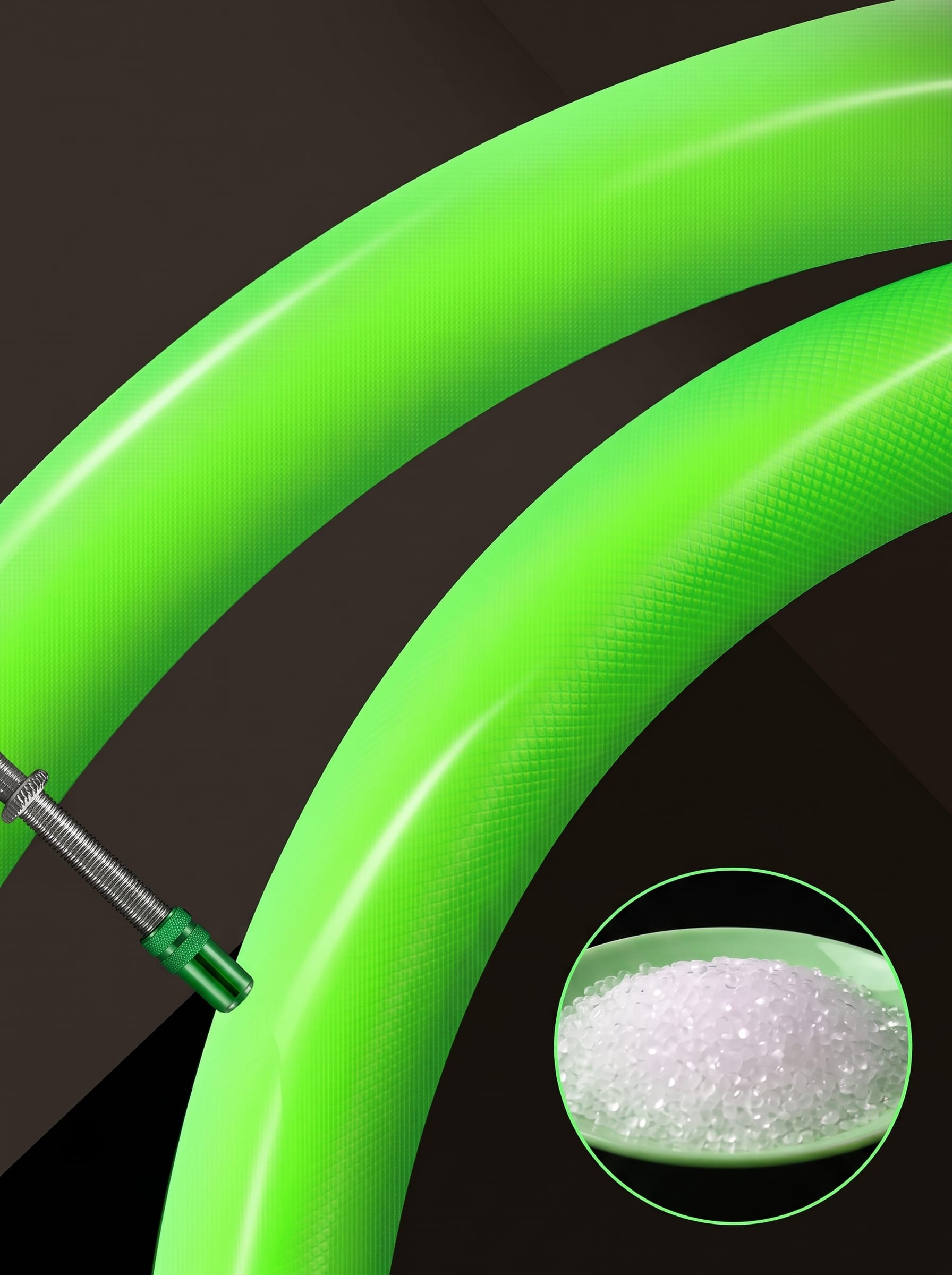 Bright green flexible Cyclami MTB mountain bike inner tube on dark background, bendable anti-burst bicycle replacement tube, circular close-up inset of virgin transparent rubber pellet raw material, heavy duty puncture resistant bike inner tube