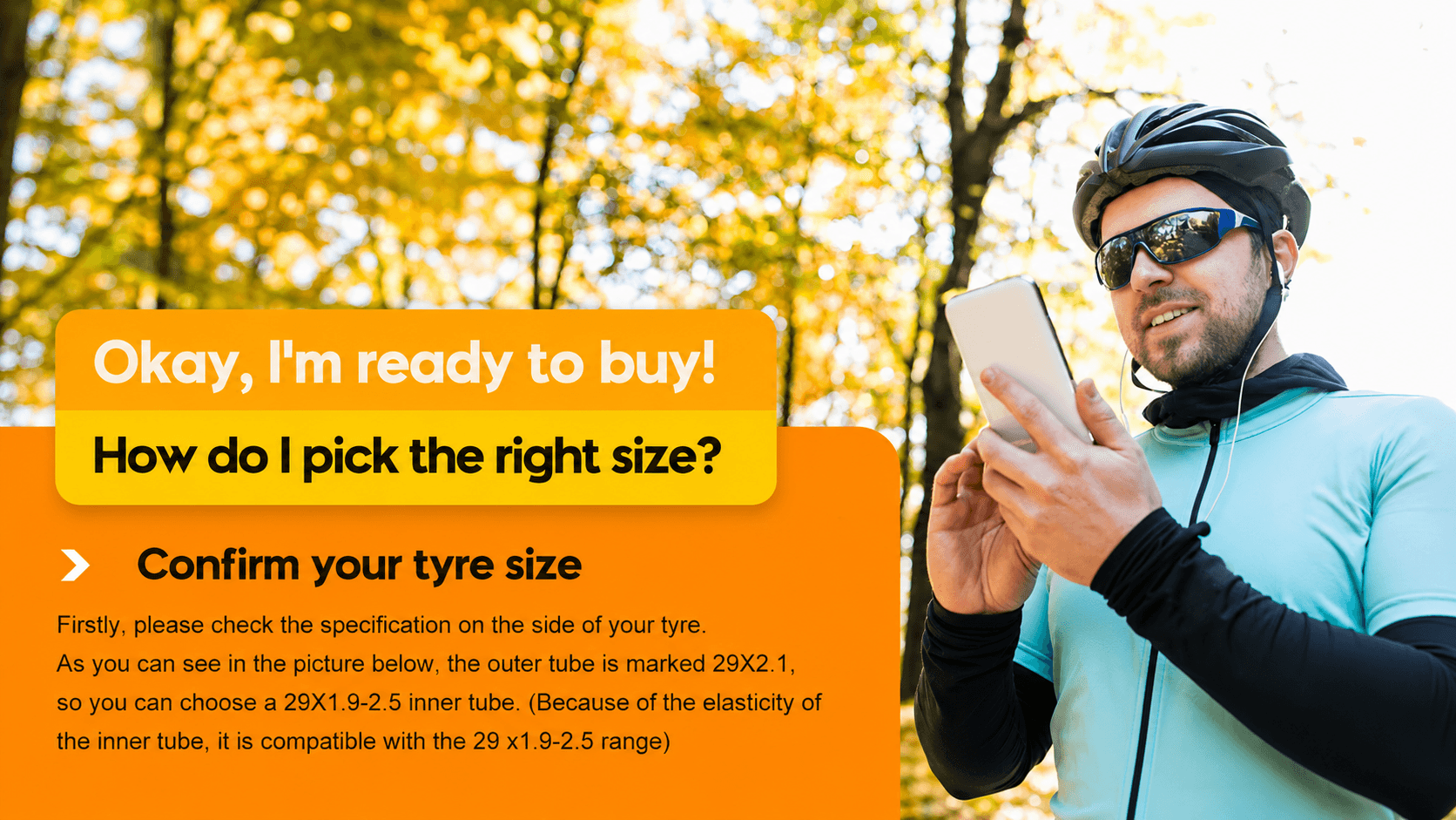 Mountain biker checking tire size guide infographic how to match CYCLAMI TPU inner tube with MTB tire width range
