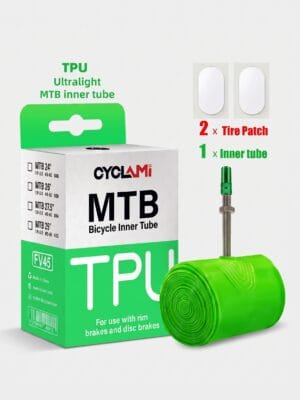 CYCLAMI MTB bicycle inner tube made of ultralight TPU material, available in sizes 24 inch 1.9-2.5, 26 inch 1.9-2.5, 27.5 inch 1.9-2.5, and 29 inch 1.9-2.5, with FV45 Presta valve, includes 2 tire patches, compatible with rim brakes and disc brakes, suitable for mountain bike and MTB tires.
