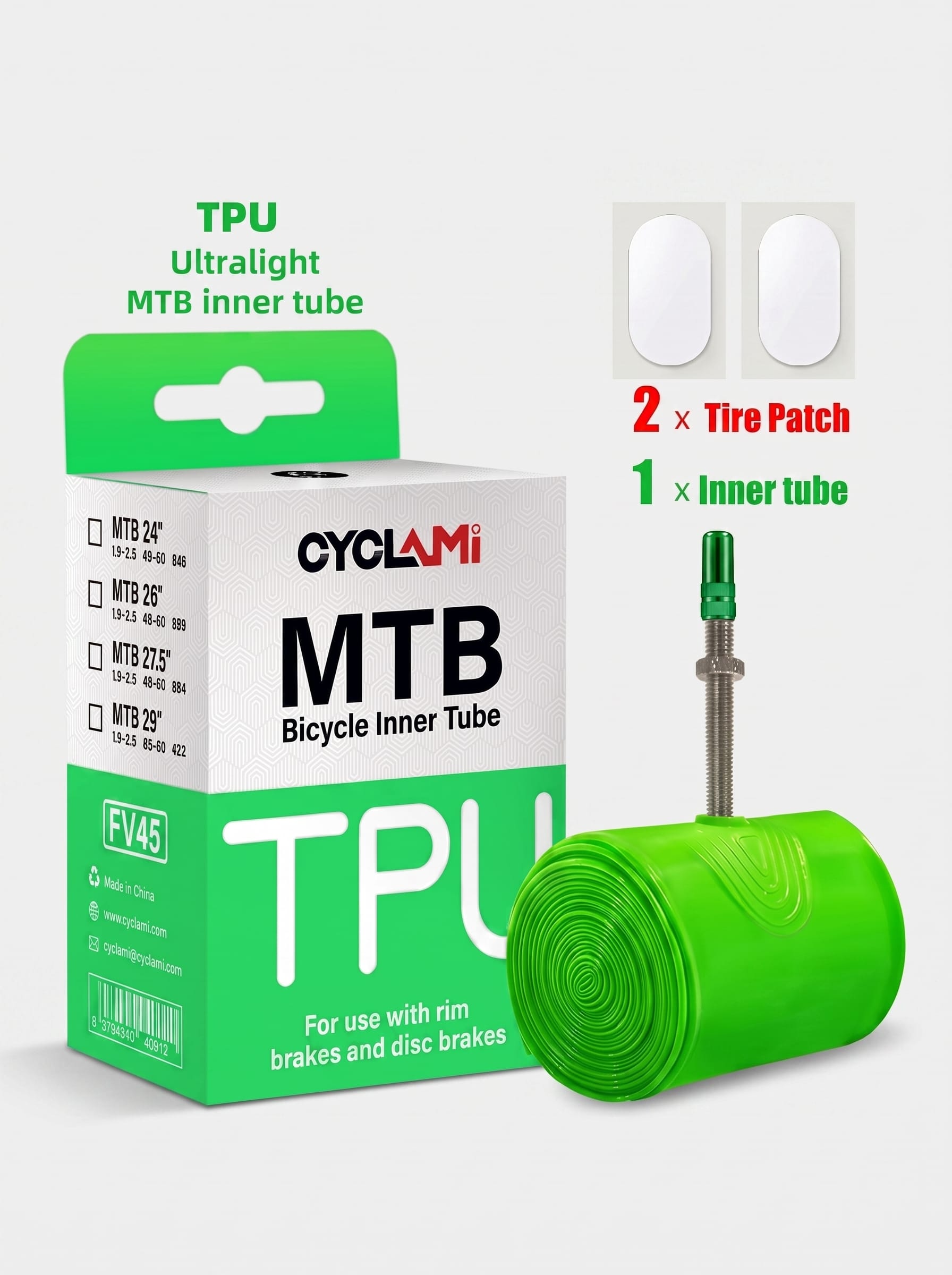 CYCLAMI MTB bicycle inner tube made of ultralight TPU material, available in sizes 24 inch 1.9-2.5, 26 inch 1.9-2.5, 27.5 inch 1.9-2.5, and 29 inch 1.9-2.5, with FV45 Presta valve, includes 2 tire patches, compatible with rim brakes and disc brakes, suitable for mountain bike and MTB tires.