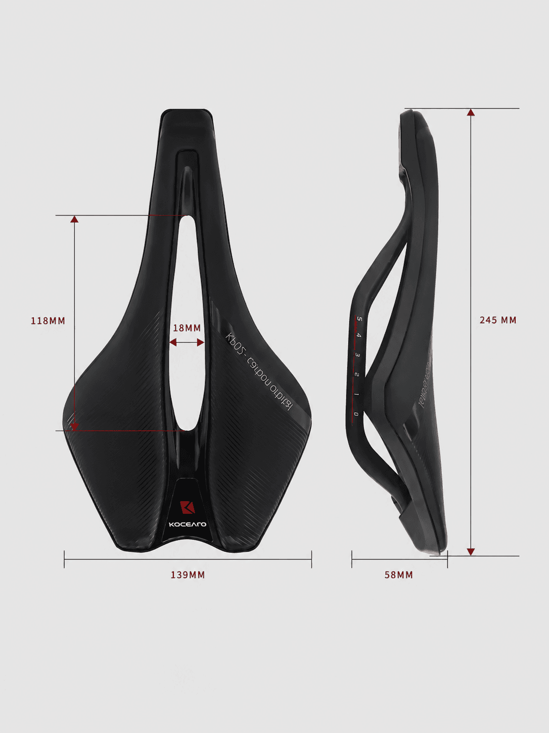 KOCEVLO carbon bike saddle official dimension diagram, 139mm wide ergonomic hollow cutout, pressure relief center channel cycling seat size chart