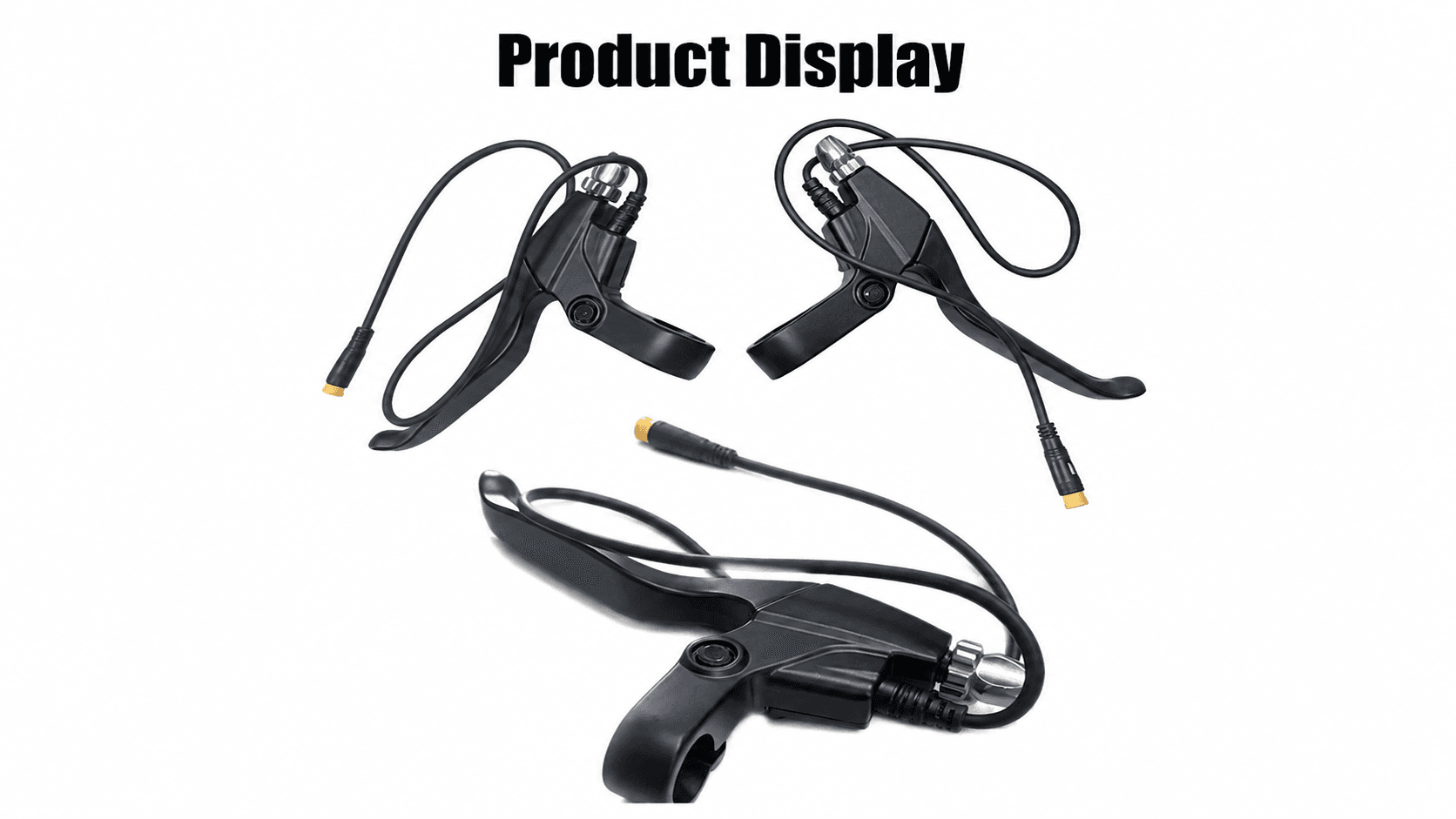 3-angle shot of Bafang electric bike brake lever set with 50cm wire, waterproof yellow connector, alloy power cut off brake handles for ebike