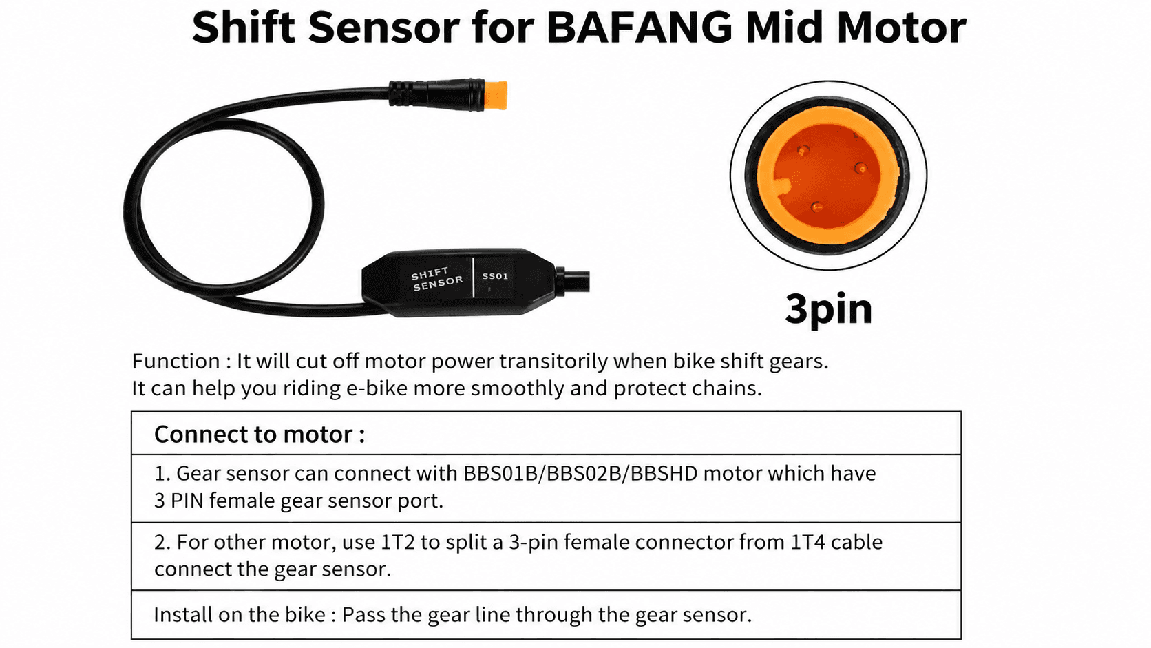 3 pin waterproof shift sensor for Bafang BBS01B BBS02B BBBSHD mid drive motor, gear sensor temporarily cuts motor power when shifting gears, protect bike chain smooth riding