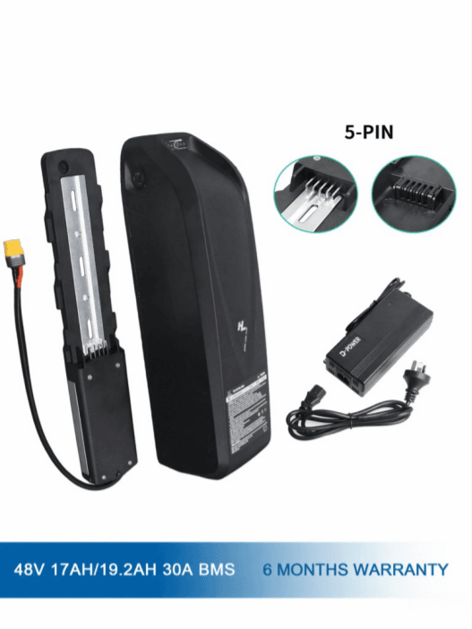 48V 17Ah 19.2Ah electric bike lithium battery pack, down tube removable ebike battery with 30A BMS, 5-pin connector, complete set with power charger for 100-1000W e-bike motor