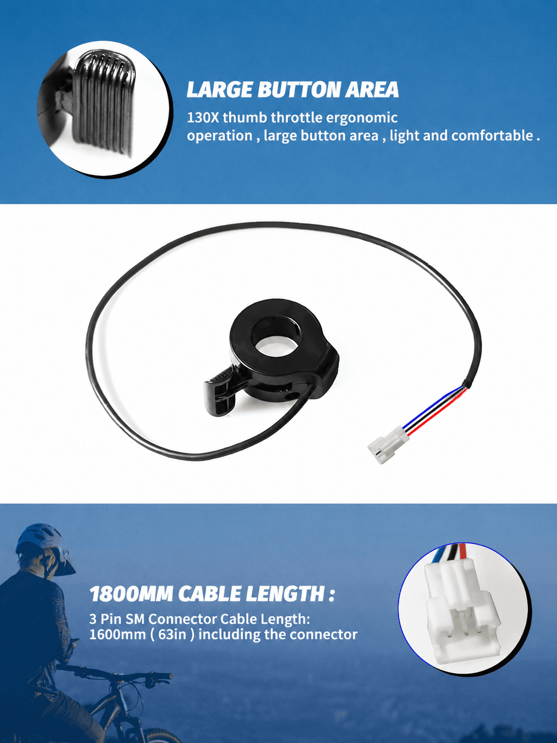 130X thumb throttle large button ergonomic design, 1600mm 3 pin SM connector cable, universal thumb speed control for ebike electric scooter