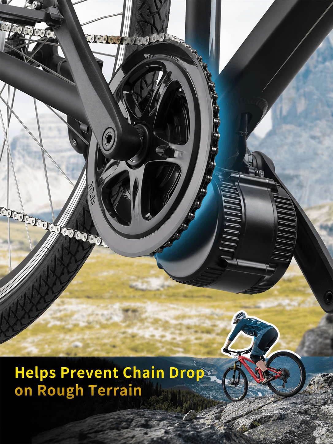 BAFANG chainring with chain guard installed on BBS01B BBS02B electric bike motor helping prevent chain drop on rough terrain