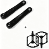 Black solid aluminum alloy ebike crank arm pair with flat mountain bike pedals, minimalist light gray background, complete upgrade kit for mid drive electric bicycles