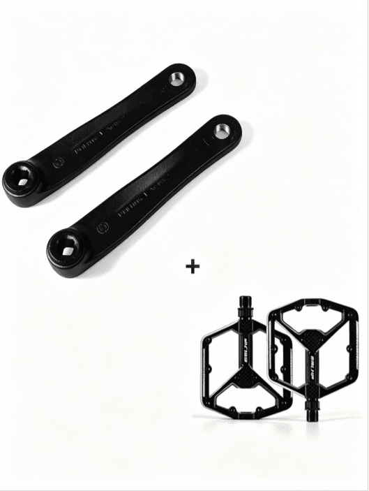 Black solid aluminum alloy ebike crank arm pair with flat mountain bike pedals, minimalist light gray background, complete upgrade kit for mid drive electric bicycles
