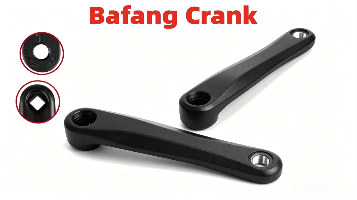 Black solid aluminum alloy Bafang ebike crank arms, left & right crank with square mounting hole zoom detail,